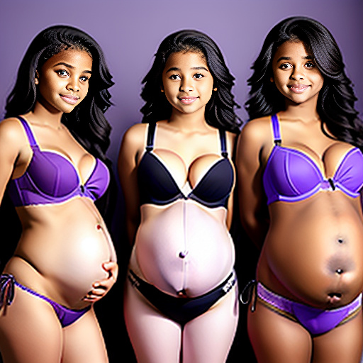 Pregnant 14-year-old girl pregnant with quadruplets using purple bikini 
looking back of 75 weeks with a black line on their belly's ,little bit bigger boobs with their bras in custom style