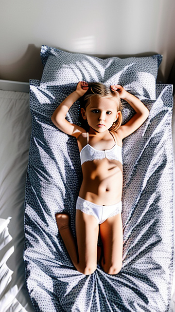 White 8 year blonde girl, lace bra laying on bed, full body shown, 8 year old body, spread eagle  in custom style