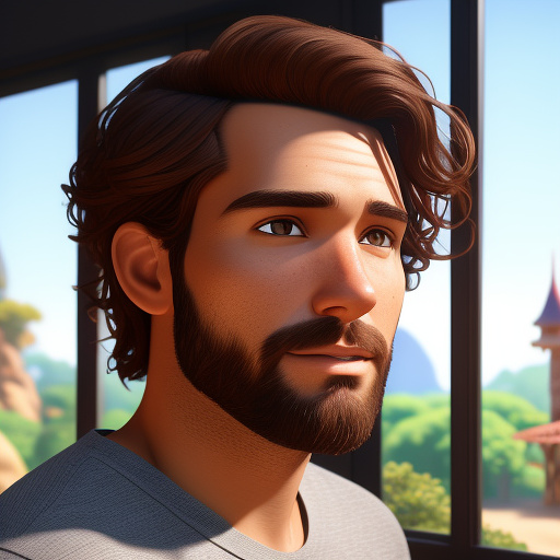 A thirty two year old man with brown short wavy hair, has a lot of freckles, a brown short beard, and wearing a red nike shirt
 in disney 3d style
