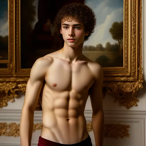 An attractive pale, 14 year old boy shirtless with abs in rococo style