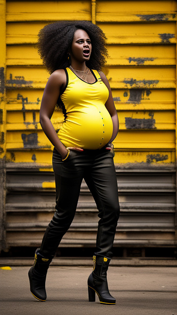 Realistic, detailed, pregnant, black skinned, yellow jumpsuit, yellow boots, screaming in pain, standing  in custom style