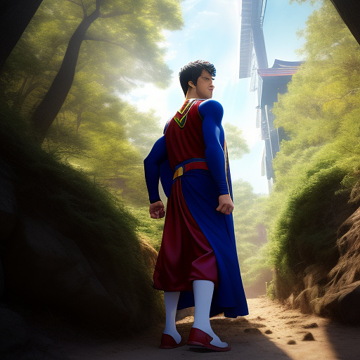 90's movie scene: jon kent, aka superboy, the young little 12-year old super son of superman, and the first born half-kryptonian, with an extremely muscular body, the iconic costume, the singular curled bang sticking out at the front of his flat and smooth hair, and a long cape, walking through the forest, searching for a lost citizen to rescue. in anime style