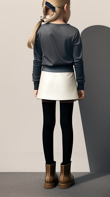Realistic, detailed 12-year-old, blonde haired girl, full body length, wearing her short boots only, wearing her long sleeve t-shirt, wearing mini leather pencil skirt only, back view, short socks, no leggings in custom style