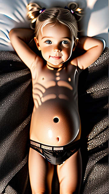 Realistic, detailed, 5-year-old blonde girl, in black underwear, pregnant, laying in bed, top down full body view, blushing, thin glue on body in custom style