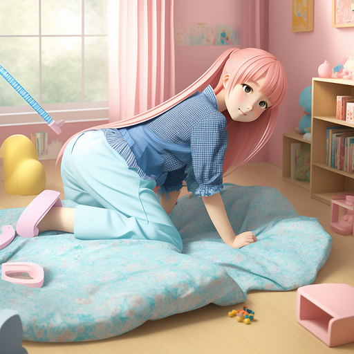 Girl making bed in anime style