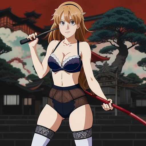 Beautiful older woman wearing bra and girdle, holding a whip, looking angry in anime style