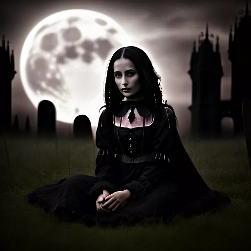 A girl sitting in a grassy field under the full moon’s light with a bloody dagger in her hand in gothic style
