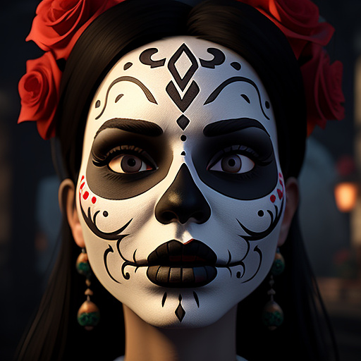 Day of the dead, in the style of unreal engine 5, caricature-like illustrations, exaggerated facial expression, close up in custom style