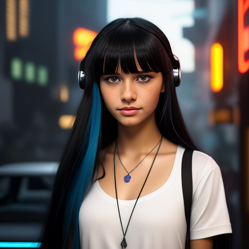 𝘈𝘓:
a young girl with long black hair and bangs,her hair is next to her hip , bright blue eyes , an elongated face and fair skin, wears high school uniform and almost thin body, a small black necklace, she's so cute and pretty and beautiful, just a little little bit freckles,long eyelashes, beautiful body in cyberpunk style