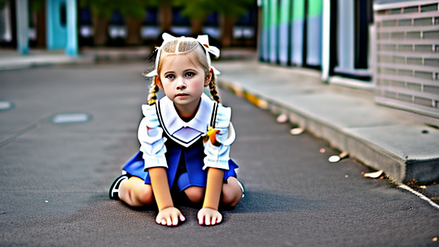 White, blonde, very cute, flat chest, girl 7 years old , girl on her knees , school outfit, in custom style