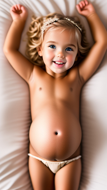 Realistic, detailed, 5-year-old blonde girl, pregnant, tan wedding outfit, showing belly, laying in bed, top down full body view, red blush, tan skin, mouth open,  in custom style