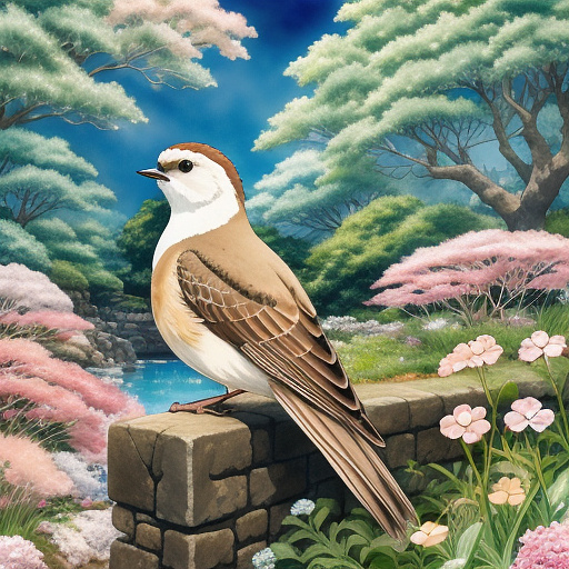 Watercolour painting of a fantail sitting in a garden  in anime style