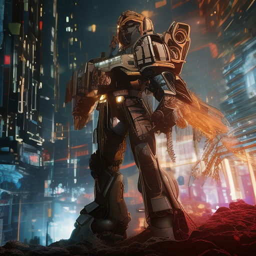 A cheerful transformer flies through space against the backdrop of planets. in cyberpunk style