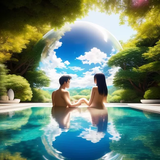 Nude couple floating in a large glass sphere while having sex in anime style