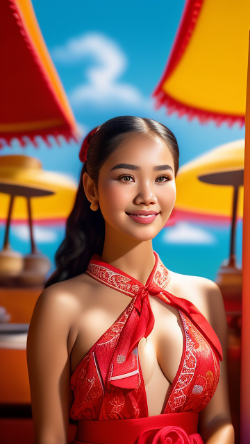 A young woman wearing a light red traditional thai dress with a floral pattern sits on a boat. there is fruit on the boat. (banana, watermelon, pomelo) pie in the flea market, ue5,no wear anything,naked,big bust,big cleavage,big chest,bare,slender body,white skin,very realistic,full body and smile,bright background. in disney 3d style