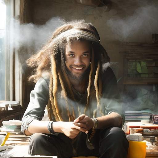 A black rastafarian is sitting on a worktable, smiling happily and smoking. the room is smoky. in custom style