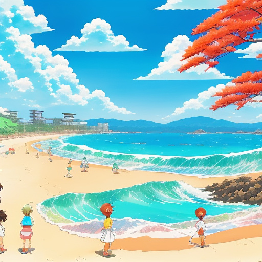 Bikini kids on beach on a beautiful sunny day with ocean waves.   in anime style