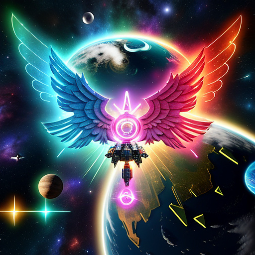 A cheerful transformer flies through space against the backdrop of planets. in angelcore style