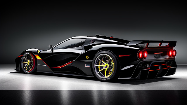 Showcases side view of a stunning redesigned 250 ferrari testa rossa, inspired by the classic 1957 model but reimagined with a futuristic and sleek aesthetic. the car is finished in a vibrant rossa corsa red, complemented by traditional white racing stripes running from the front hood to the rear, adding a classic racing heritage touch.

the front of the car features a sharp, aggressive design with slim, high-tech led headlights and a continuous blue led light strip above the large black grille. the iconic chrome prancing horse emblem is prominently displayed on the grille, polished and detailed to stand out.

the body is aerodynamic with smooth, flowing curves and sculpted side air intakes. the wheels are large, sporty, and modern with intricate black and silver rims bearing the ferrari logo at the center. the car is an open cockpit, maintaining a streamlined look.
 in cyberpunk style