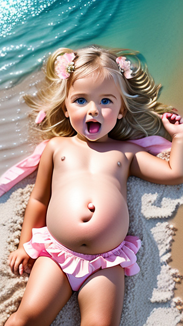 Realistic, detailed, 5-year-old blonde girl, pregnant, pink wedding outfit, showing belly, laying on beach, top down full body view, dark skin, mouth open,  in custom style