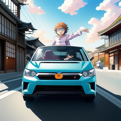 A person riding a opened car  in anime style