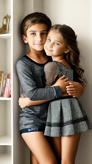 A romantic moment between a childhood couple. the very sexy hot 11 year old girl, wearing her super sexy clothes, hugging the 11 year old boy. in custom style