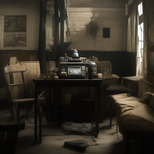 In a dark room, there is a telephone and a gun on the table. a man is sitting on a chair, and he is dead. in custom style
