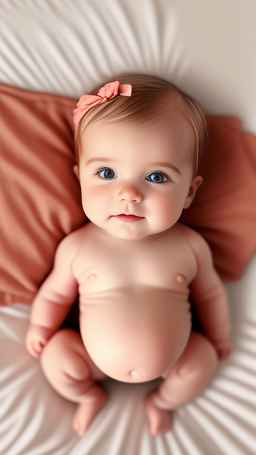 Realistic, detailed, 1-month-old blonde girl, in red peach dress, pregnant, laying in bed, top down full body view, red blush, right hand on belly   in custom style