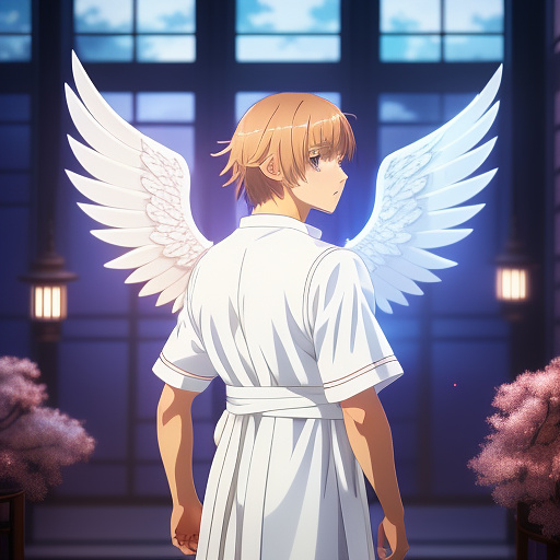 A young man with folded angel wings standing in deep contemplation. his eyes are violet in color, sienna skin color, and his short hair is straight and light brown in color. this young man is dressed in white greek robes. in anime style
