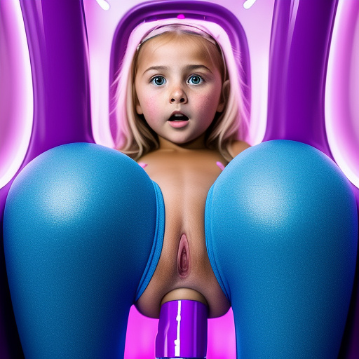 Ultra realistically a 10 year old girl sits fixed in a sex machine and is at the same time with big dildos in the vagina and ass fuck she is startled to run out of her holes very close detailed in custom style