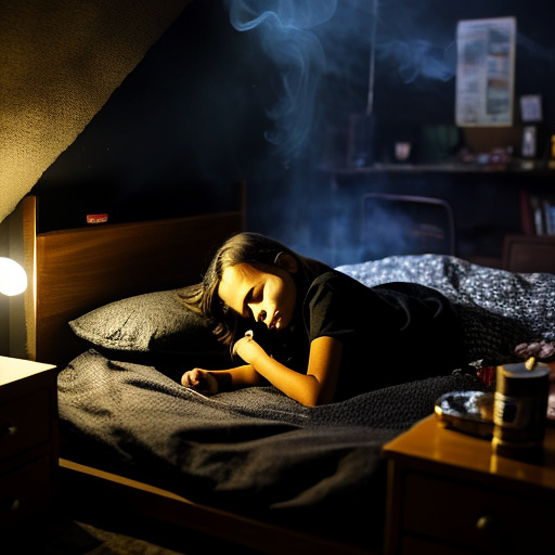 The room is dark, smoky and a mess, the bed is broken. there is an ashtray with an outstanding cigarette on the table. a 13-year-old girl is lying on a bed and crying. in custom style