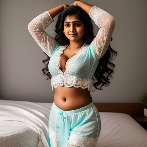 Indian college student with big boobs and her arms up and in a long sleeve lace robe and long lace pants and showing her belly and cleavage and in the bedroom and whole body portrait  in custom style
