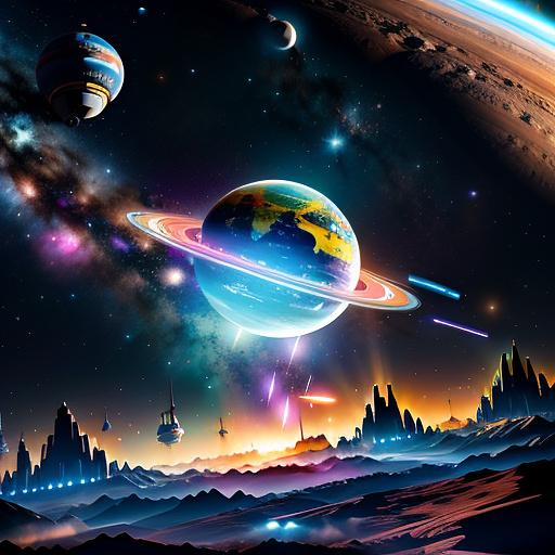 A cheerful transformer flies through space against the backdrop of planets. in sci-fi style