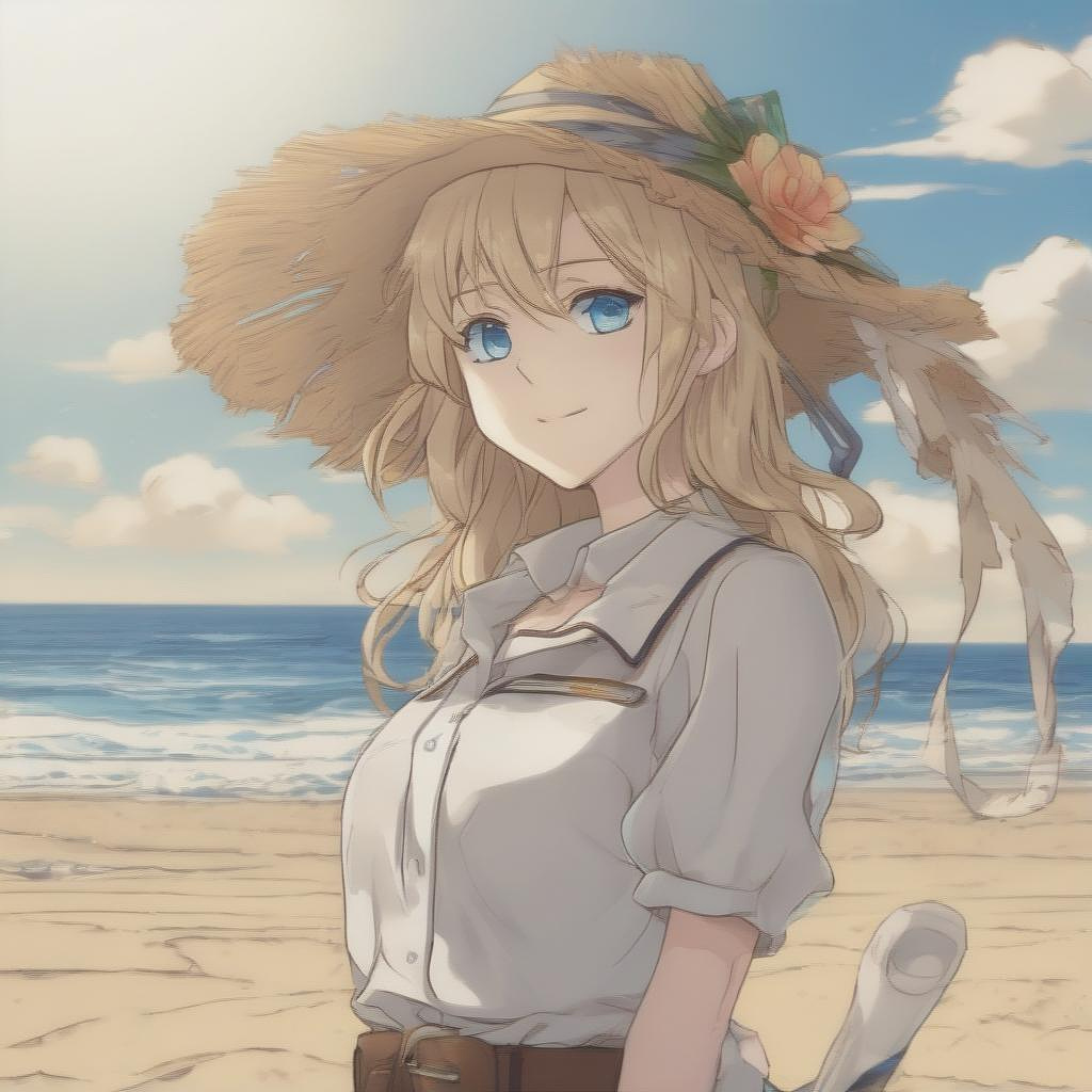 Lady german of 24 year old, with buildbody on a beach sand, under a sunny day and blue sky in anime style