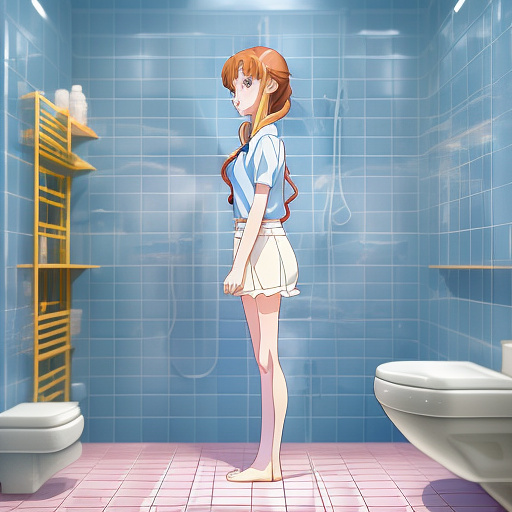 Hyper-realistic 10 yr little girl standing in bathroom  in anime style