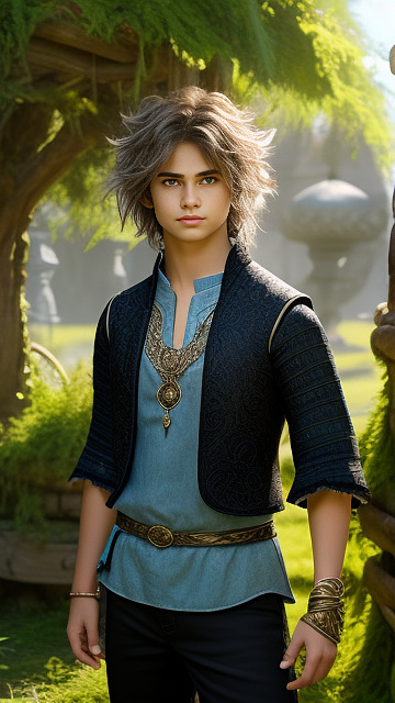 Cute teen boy with fair skin and messy hair sparking eyes. in fantasy style