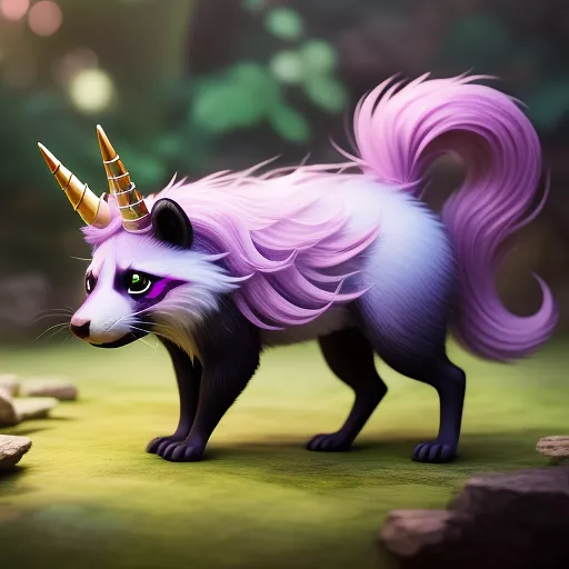 Rat riding a raccoon with unicorn features  in anime style