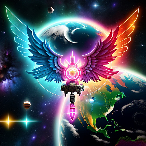 A cheerful transformer flies through space against the backdrop of planets. in angelcore style