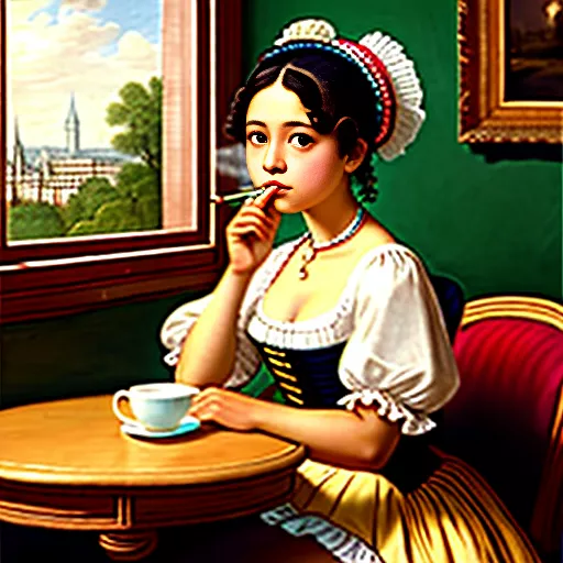 Mexican girl smoking in a cafe in rococo style