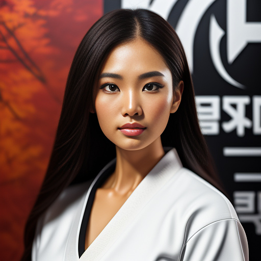 A full body portrait of a beautiful korean female karate instructor, white karate uniform and black belt, brown eyes, long, dark hair, glossy lips, looking at camera, practicing fighting in her studio, professional photography, real lighting, real photo, ultra-detailed, realistic, 32k in anime style