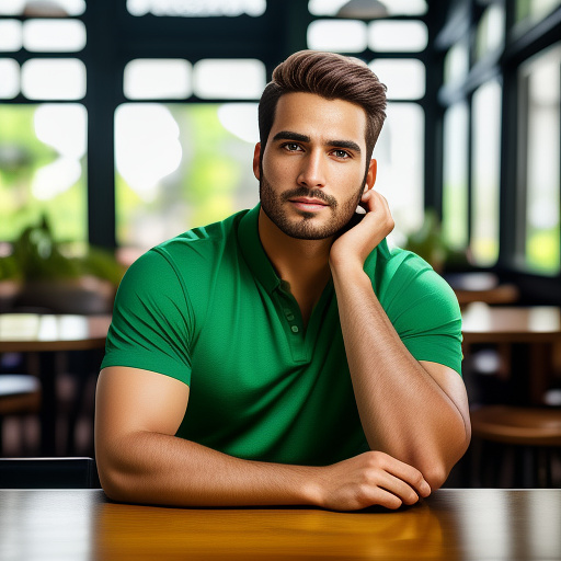 Generate an image of a handsome boy in light green shirt and cream pant in a cafe in realistic style