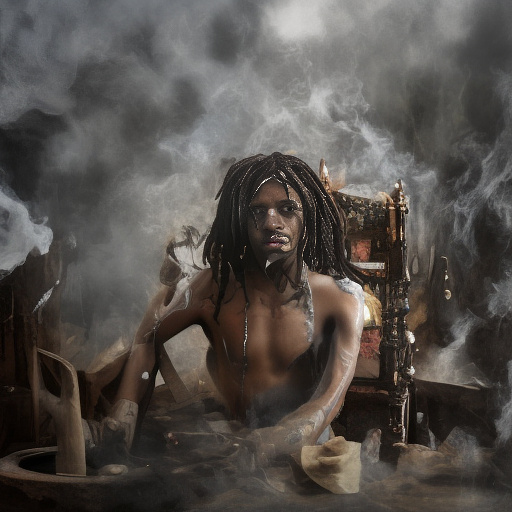 A black rastafarian is sitting on a worktable, smiling happily and smoking. the room is smoky. in custom style