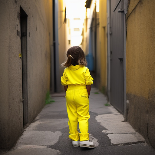 Pregnant, 7-years-old-girl, yellow jumpsuit, yellow boots, backalley in custom style