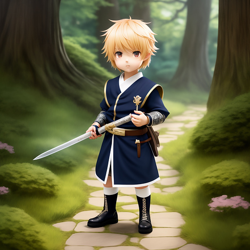 Cute chibbi cubby moody boy holding small sword wearing cute outfit  in anime style