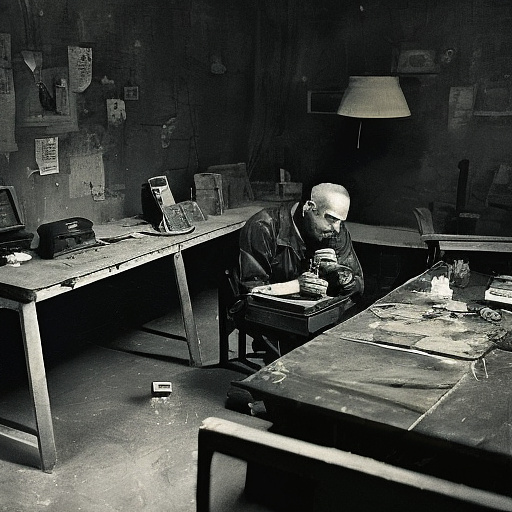 In a dark room, there is a telephone and a gun on the table. a man is sitting on a chair, and he is dead. in custom style