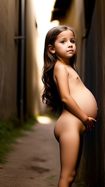 Pregnant, 7-years-old-boy, nude, alleyway, penis, front view in custom style