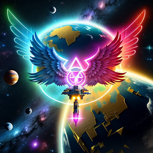 A cheerful transformer flies through space against the backdrop of planets. in angelcore style