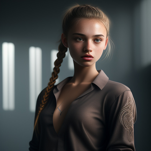 A beautiful 16 year old girl with brown eyes, pale white skin and light brown hair tied back. wearing a normal long sleeve black shirt. with a scar on her right cheek.
 in angelcore style