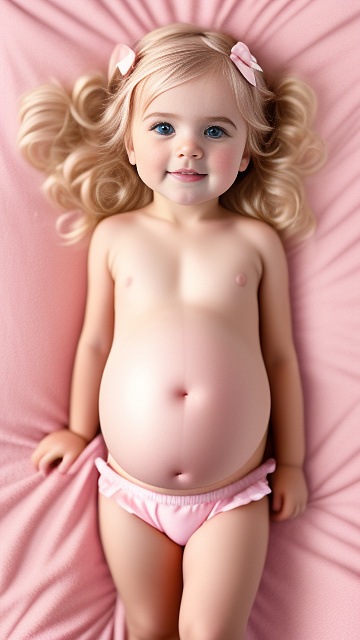 Realistic, detailed, 2-year-old blonde girl, pregnant, pink wedding outfit, showing belly, laying in bed, top down full body view, red blush, pink heart on cheek in custom style