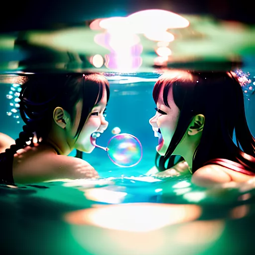 2 women underwater. one girl has her hands on the other girl's belly tickling her and the other girl is laughing, she has bubbles coming out of her mouth and is cross eyed while smiling  in anime style